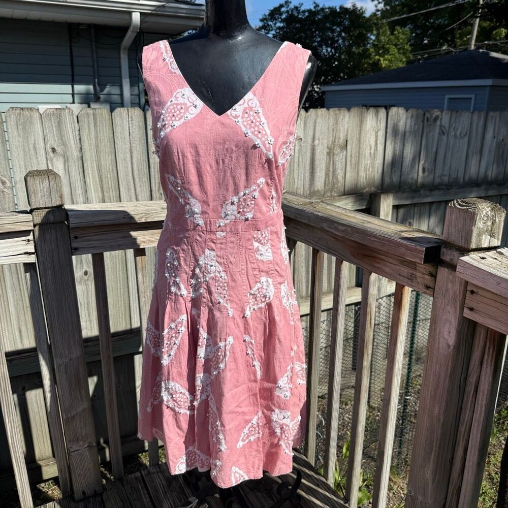Tory Burch Pink Paisley Beaded Floral Sequin V-Neck Fit & Flare Dress Size 4